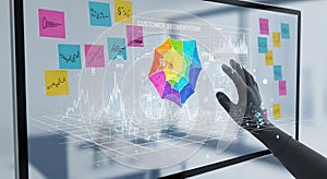 Hand interacting with futuristic screen displaying customer segmentation and data analysis