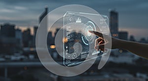 Hand Interacting with Futuristic Touchscreen Interface Displaying Data Over Cityscape