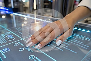 Hand interacting with a futuristic touchscreen interface in a modern setting