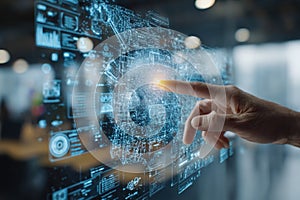 Futuristic Touchscreen Interface with Hand Interacting with Digital Data