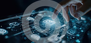 The hand interacting with futuristic touchscreen technology and glowing icons. AI generated image