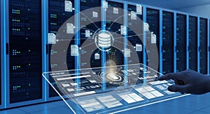 A hand interacting with a futuristic transparent touchscreen displaying a database interface