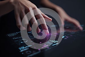 Hand interacting with a futuristic transparent touchscreen interface displaying data and digital elements