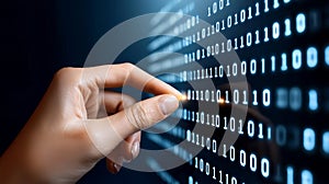 Hand Interacting with Glowing Binary Code, Data Analysis Concept
