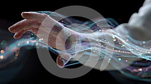 Hand interacting with glowing digital data streams, representing futuristic technology