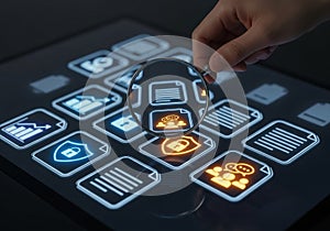 Hand interacting with glowing digital interface of futuristic icons and data representations