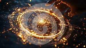 Hand interacting with golden digital technology interface showing data connection and future innovation