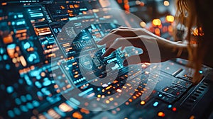 Hand interacting with a high-tech touch screen interface displaying vibrant data and information, emphasizing the future