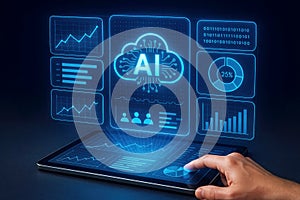 Hand Interacting with Holographic AI Cloud Interface Displaying Charts and Data on Tablet artificial intelligence