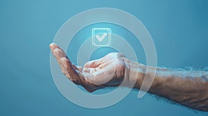Hand Interacting with Holographic Checkmark.AI generated image