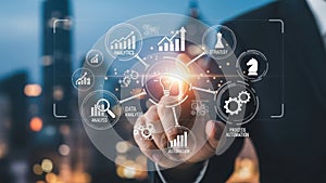 Hand interacting with strategic data visualization