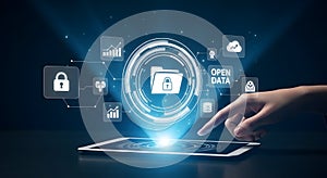 Hand interacting with tablet displaying open data and digital security