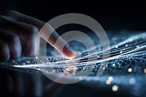 Hand interacting with transparent screen displaying white flowing data streams at night in a digital environment