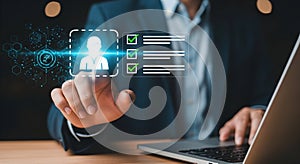 Hand interacting with a user profile checklist on a digital screen