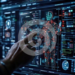 A hand interacts with an AI hologram interface on a digital screen, representing advanced human-computer interaction.