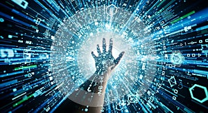 Hand reaching into a stream of digital data and futuristic technology interface design
