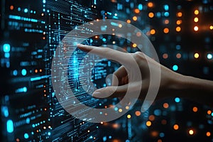 Hand interacts with digital AI interface on futuristic blue glowing background photo