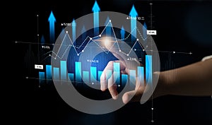 Business Growth and Success Analysis with Digital Graphs and Data Visualization Featuring a Hand Touching Interactive