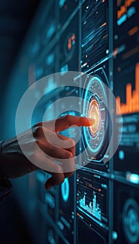 Hand interacts with digital interface displaying data analytics. Data visualization, user interaction analysis, graphs,