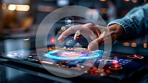 A hand interacts with futuristic augmented reality interface on tablet for advanced user experience design