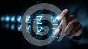 Futuristic digital checklist progress with glowing blue checkmarks