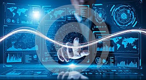 Hand interacting with futuristic interface featuring global data and analytics