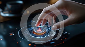 A hand interacts with futuristic digital technology on a glowing touchscreen interface, showcasing innovation and modern