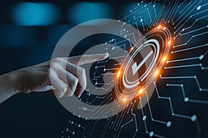 Hand interacts with glowing checkmark on a digital interface representing technology and validation