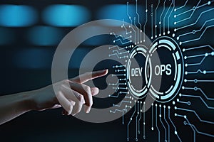 Hand touching devops icon on a digital screen representing software development and it operations