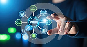 Hand interacting with web technology interface icons