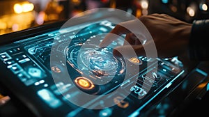 A hand interacts with a high-tech touchscreen display featuring vibrant graphics and futuristic controls in a modern setting