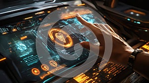 A hand interacts with a high-tech touchscreen display featuring vibrant graphics and futuristic controls in a modern setting