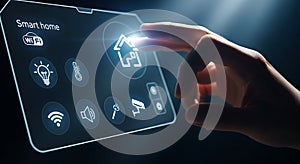 Hand interacts with smart home control panel interface on a futuristic touch screen device