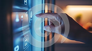 A hand interacts with a smart refrigerator interface