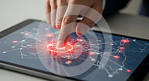 Close up of a finger touching a glowing red digital network interface on a tablet screen