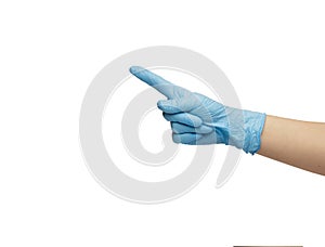 hand an invisible man in blue glove made of nitrile shows gesture of the palm