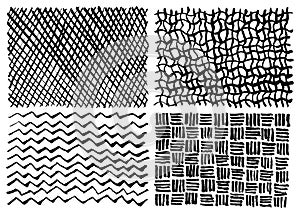 Hand-made graphics, four textures, zigzag, nets, braided brush and ink. Vector black and white image. It can be useful for designi