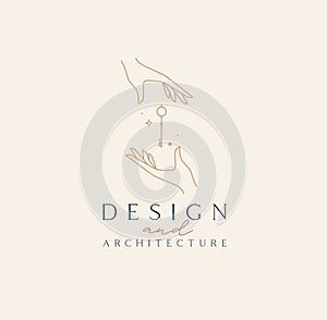 Hand with key design and architecture label
