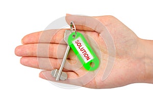 Hand and key with label Solution