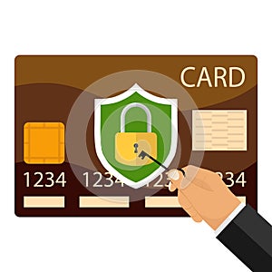 A hand with a key opens a credit card