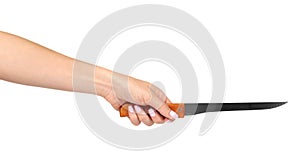 Hand with kitchen knife, home utensil, wooden handle