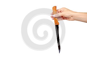 Hand with kitchen knife, home utensil, wooden handle