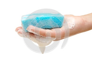 Hand and kitchen sponge in soapsuds photo