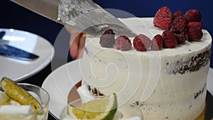 Hand with knife cuts strawberry. Berries on white cooking board. Fresh ingredients for a dessert. Chef working in the