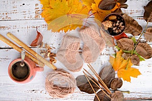 Hand-knitted brown baby socks, on white wooden background with autumn decorations