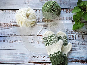 Hand knitted mittens and yarn
