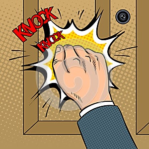 Hand knokning door pop art vector illustration