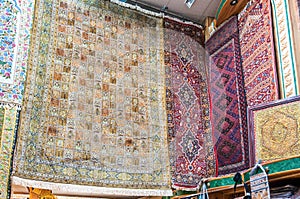 Hand knotted persian carpets on display in a shop Muttrah Souk, in Mutrah, Muscat, Oman, Middle East