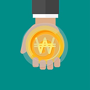 Hand with korean won coin. Vector flat illustration on blue. Give, receive, take, earn money