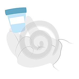 hand in laboratory sterile glove holding a jar with biological or chemical probe. photo